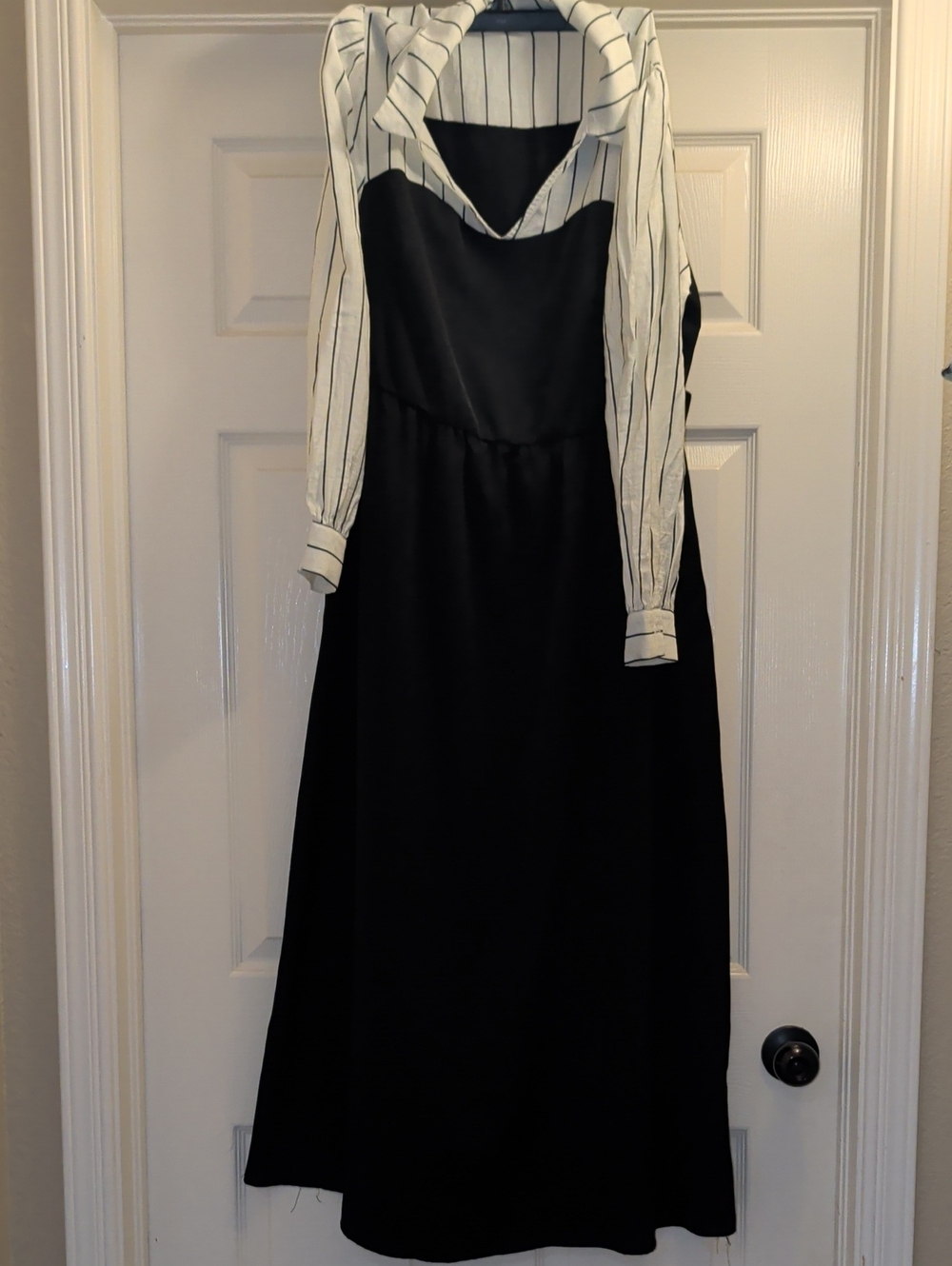 BloomChic Black Maxi Dress with White Pinstripe Shirt Overlay
